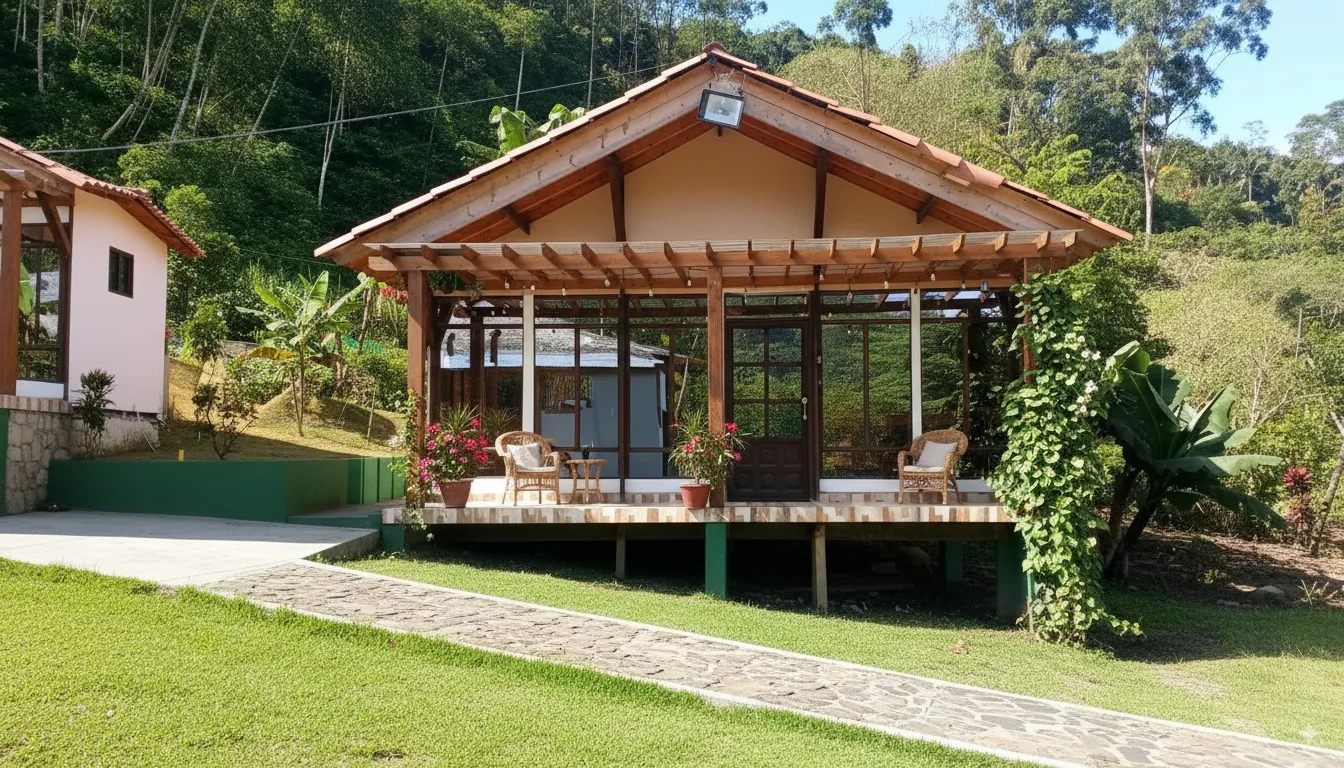 Cabaña prefabricada moderna rodeada de naturaleza