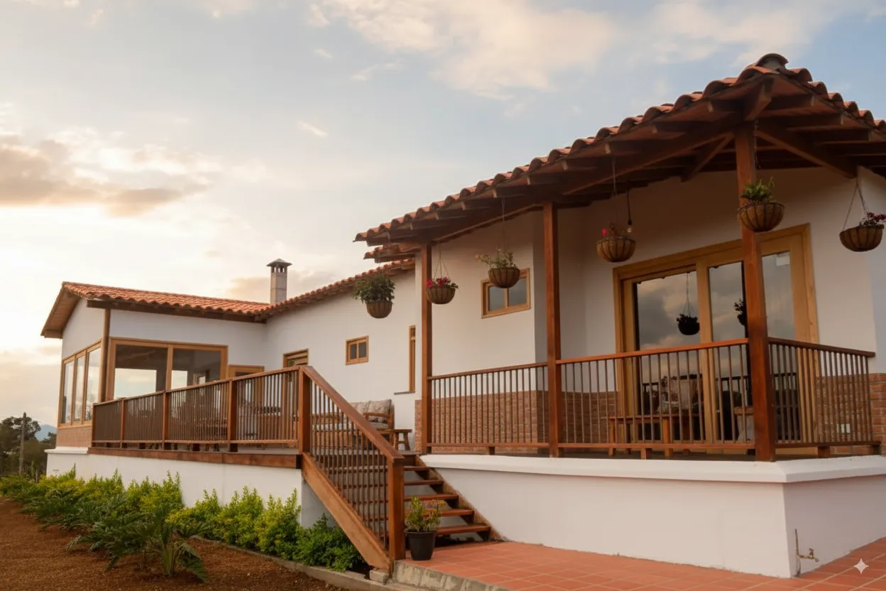 Casa prefabricada en L con patio central