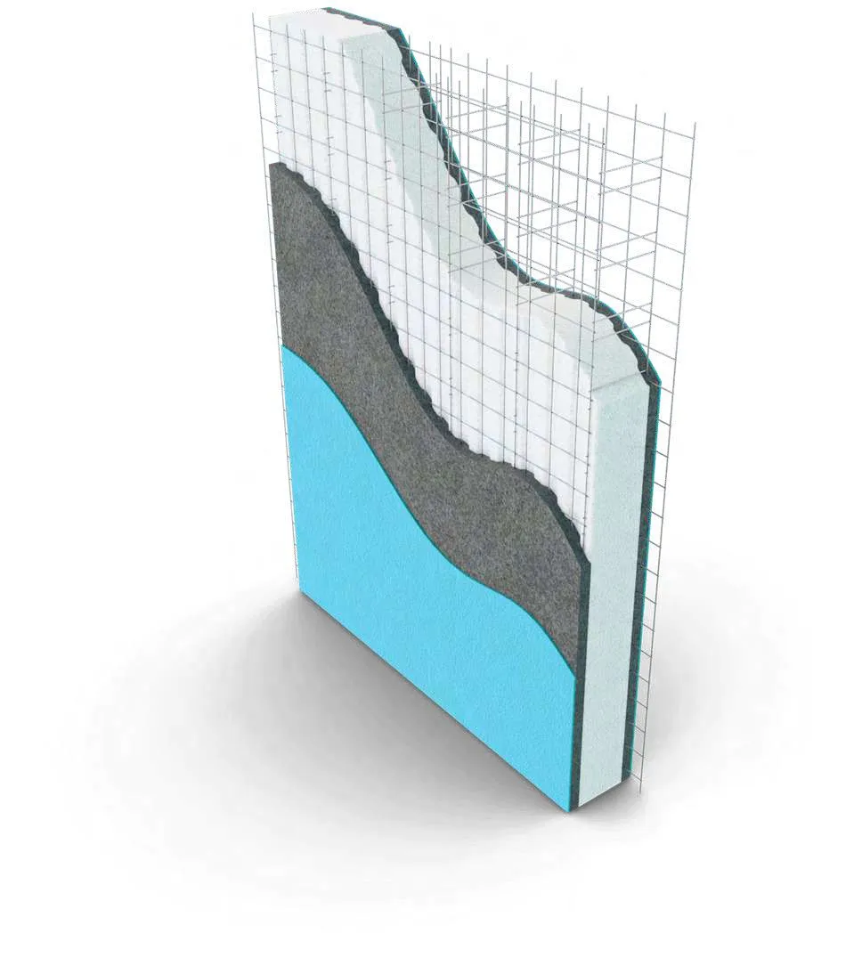 Diagrama del sistema constructivo en EPS: malla electrosoldada, poliestireno expandido y mortero estructural